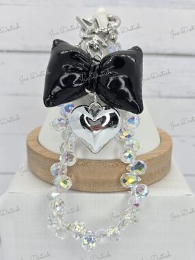 Iridescent Beaded Black Bow & Silver Heart Phone/Key Lanyard CH4374
